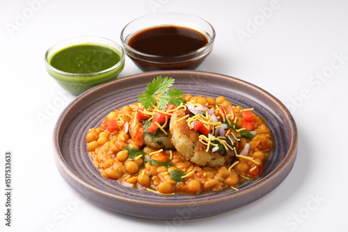Ragda patice chaat or Indian street food made with potato tikki and white dried peas curry