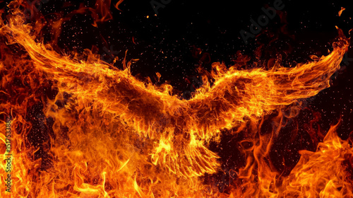 Phoenix nirvana spreading flame wings on black background, computer wallpaper