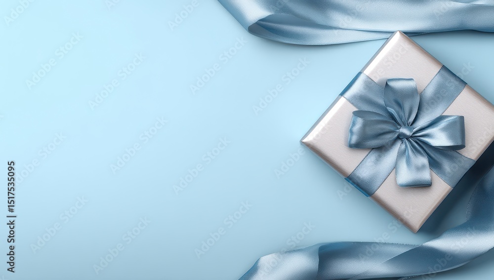 Light blue background with a gift box, light gray and robin's egg blue ribbon Light blue background with a gift box, light gray and robin's egg blue ribbon