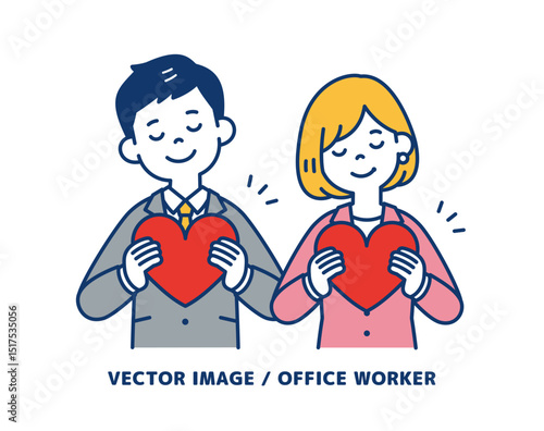 目を閉じて胸にハートを持つ、ビジネスマンのシンプルなベクターイラスト素材＿男女セット