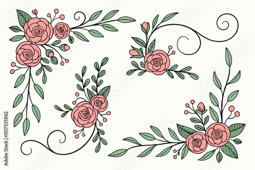 Hand drawn floral corner designs with roses