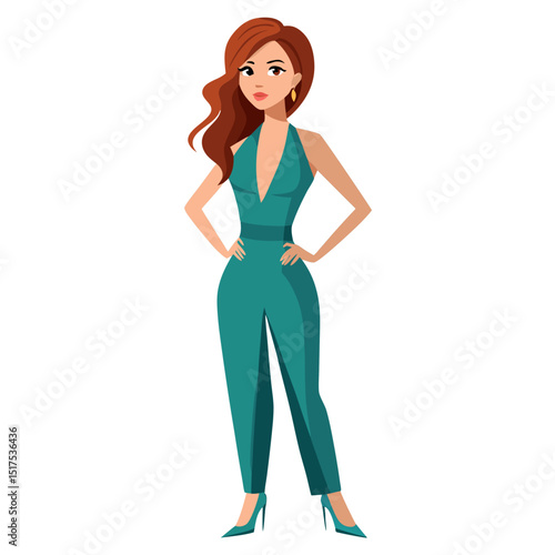 Stylish Redheaded Woman in a Teal Jumpsuit with High Heels Fashion Illustration
