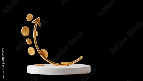 Gold arrow curving upward, coins flowing, on white pedestal against black