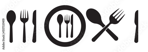 Fork, knife, plate and spoon. Menu symbol. Restaurant icon. Food, plate, fork, knife, spoon, cutlery icon set. Vector
