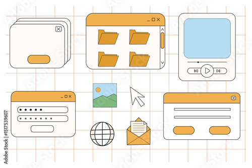 Retro window browser frame y2k interface doodle old border, chat or dialog box, player search box. Desktop ui screen vintage aesthetic. 