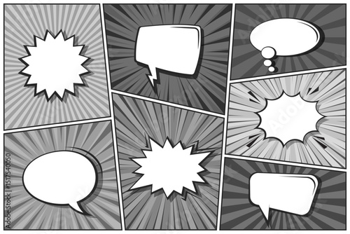 Cartoon comic backgrounds set. Speech bubble. Comics book black and white poster with halftone elements and radial lines. Retro Pop Art style. Vector illustration