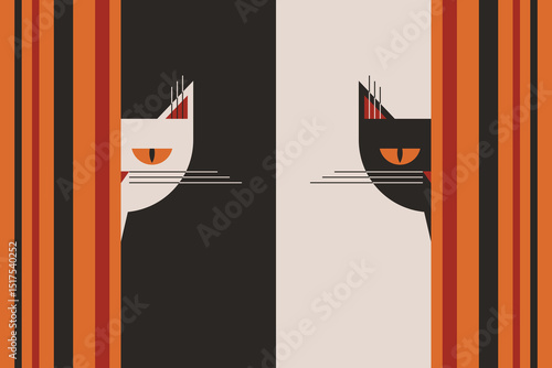 Black and white cats peek out from behind the curtains