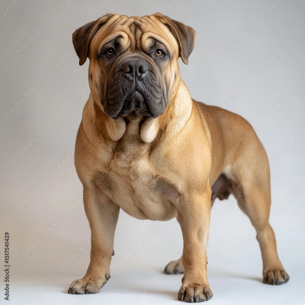 Obraz premium Adorable and muscular brown bulldog with expressive face standing on neutral gray background in a studio shot showcasing breed features and alert posture