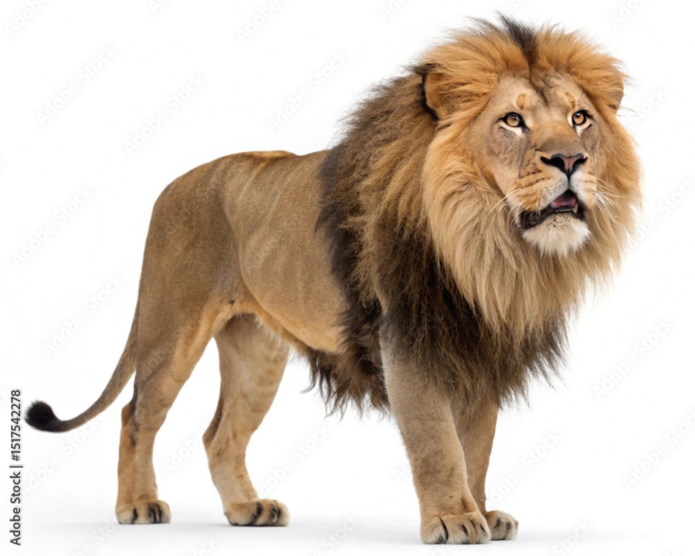 Obraz premium Adult and cub Panthera leo, 8 years and 8 months old, with majestic mane and white fur, against a white background, isolated studio portrait of the wild king of predators