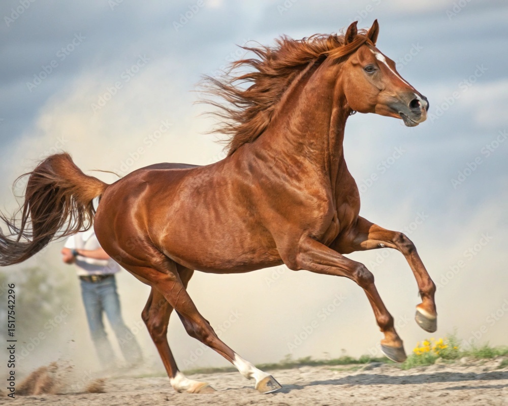 Obraz premium A beautiful brown horse with a flowing mane stands in a natural field under the sky