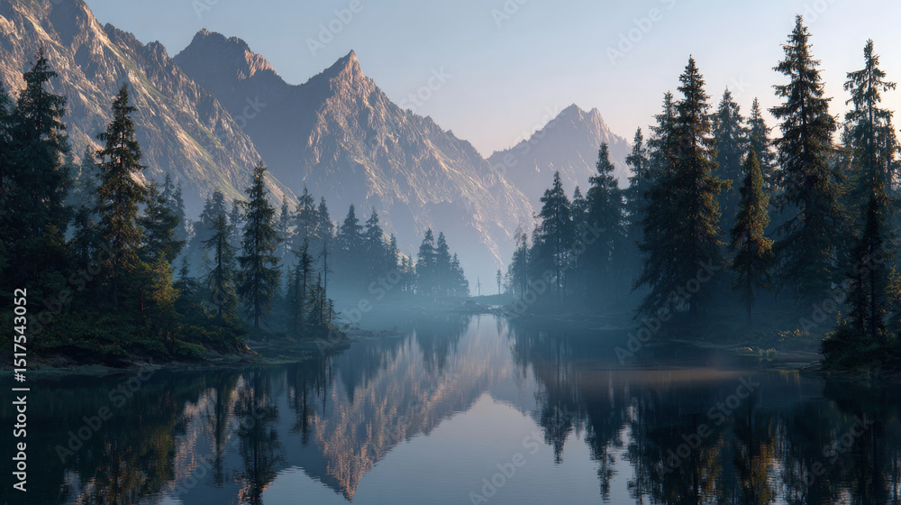 Serene Mountain Lake: A picturesque panorama of towering mountains and lush evergreen forests mirrored in a tranquil lake, creating a serene and breathtaking landscape. Serene Mountain Lake: A picturesque panorama of towering mountains and lush evergreen forests mirrored in a tranquil lake, creating a serene and breathtaking landscape.