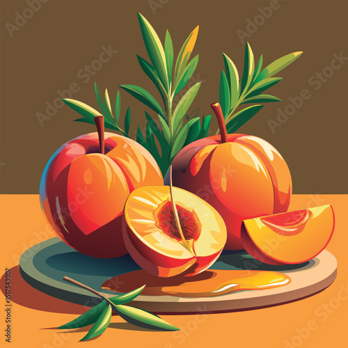 Colorful peaches on a wooden board.