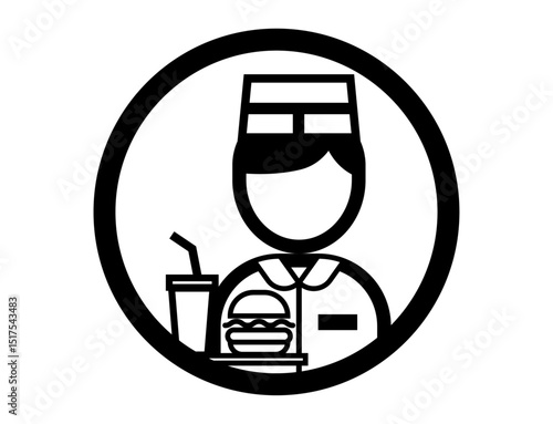 ハンバーガーを持ったファストフード店員の丸いシンプルなモノクロイラストアイコン
