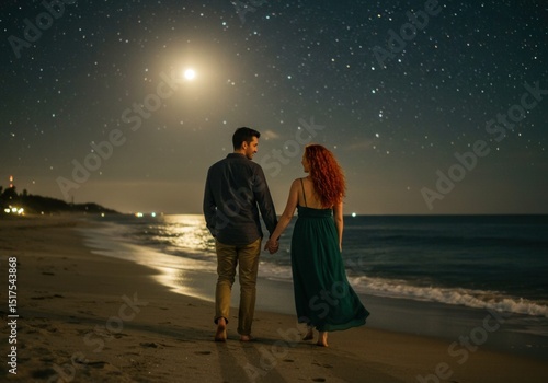 Romantic couple walking hand in hand on the beach under a starry night sky