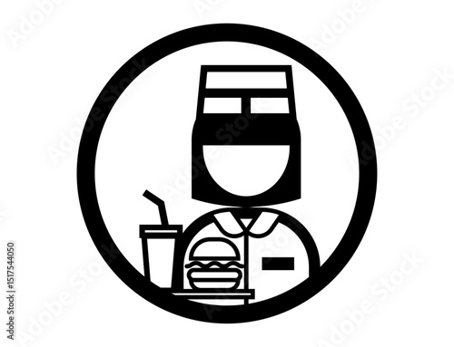ハンバーガーを持ったファストフード店員の丸いシンプルなモノクロイラストアイコン