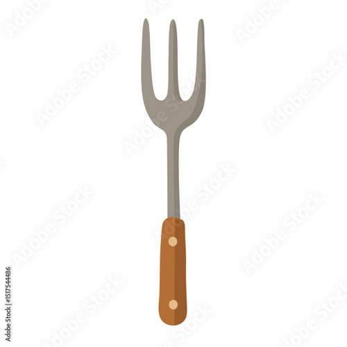 Metal grill fork with wooden handle, simple cartoon vector style on white background.