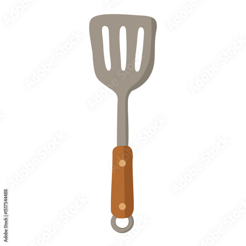 Metal spatula with wooden handle and loop, drawn in flat cartoon vector style.