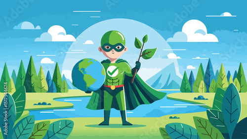 A character dressed as a superhero with a green cape made of leaves, holding a globe in one hand and a tree sapling in the other. The background features a bright blue sky, green forests,