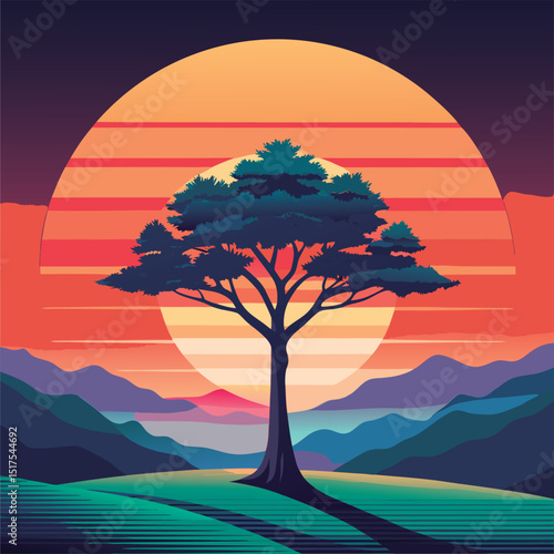 Sunset landscape with lone tree.
