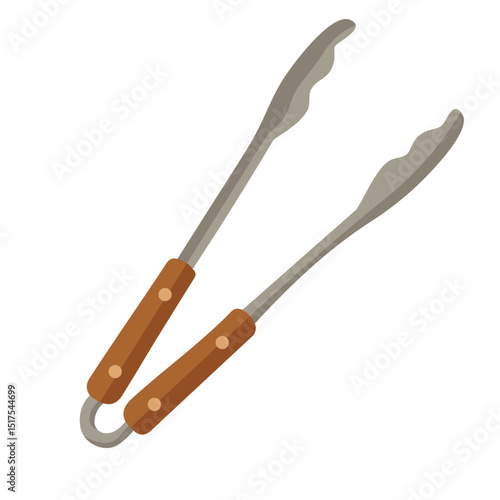 Barbecue metal tongs with wooden handles in cartoon flat style on white background.