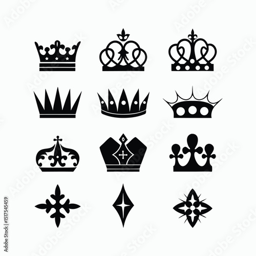 Royal Crown Silhouette Icon Set – Black Vector Collection of Crowns and Decorative Symbols