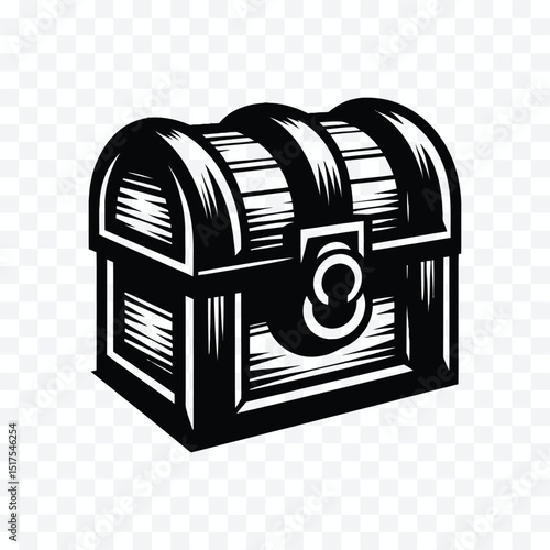 Treasure Chest Illustration: A detailed monochrome illustration of a classic treasure chest, featuring intricate woodgrain and a secure lock, evokes a sense of adventure and discovery.