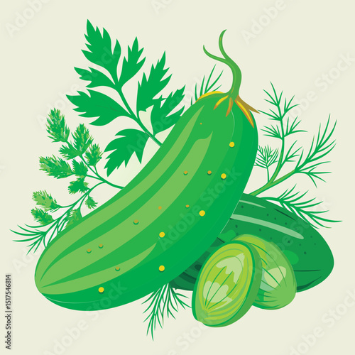 Vector illustration of a Fresh Cucumbers with Herbs.