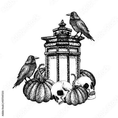 Vintage lantern, skulls, pumpkins and black crows. Graphic illustration in Gothic style with Raven for Halloween, Day of the Dead. Vector for postcard, textile, packaging, logo, posters, stationery
