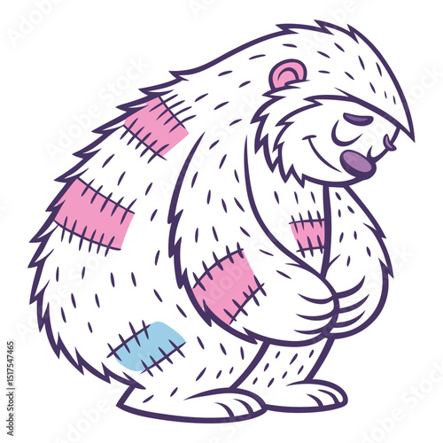 A friendly, huggable monster, entirely covered in soft, fluffy pillow feathers, with a gentle, whimsical expression. (1) indicates a possible sequel.