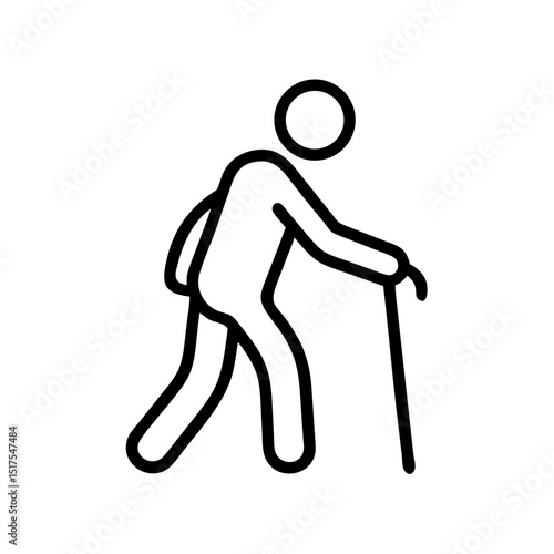 Elderly person walking with cane.  Simple line drawing of senior citizen using walking stick for support. This image is perfect as an icon for healthcare, medical websites, or senior assistance apps.