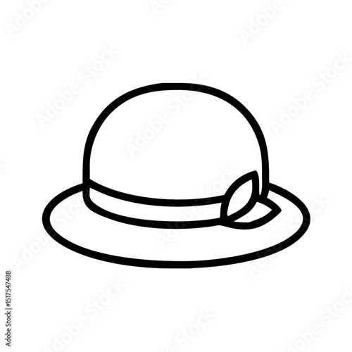 Simple bowler hat icon. Elegant bowler hat illustration with ribbon and leaf detail. This stylish bowler hat design is perfect for fashion blogs, website icons, and apparel branding.