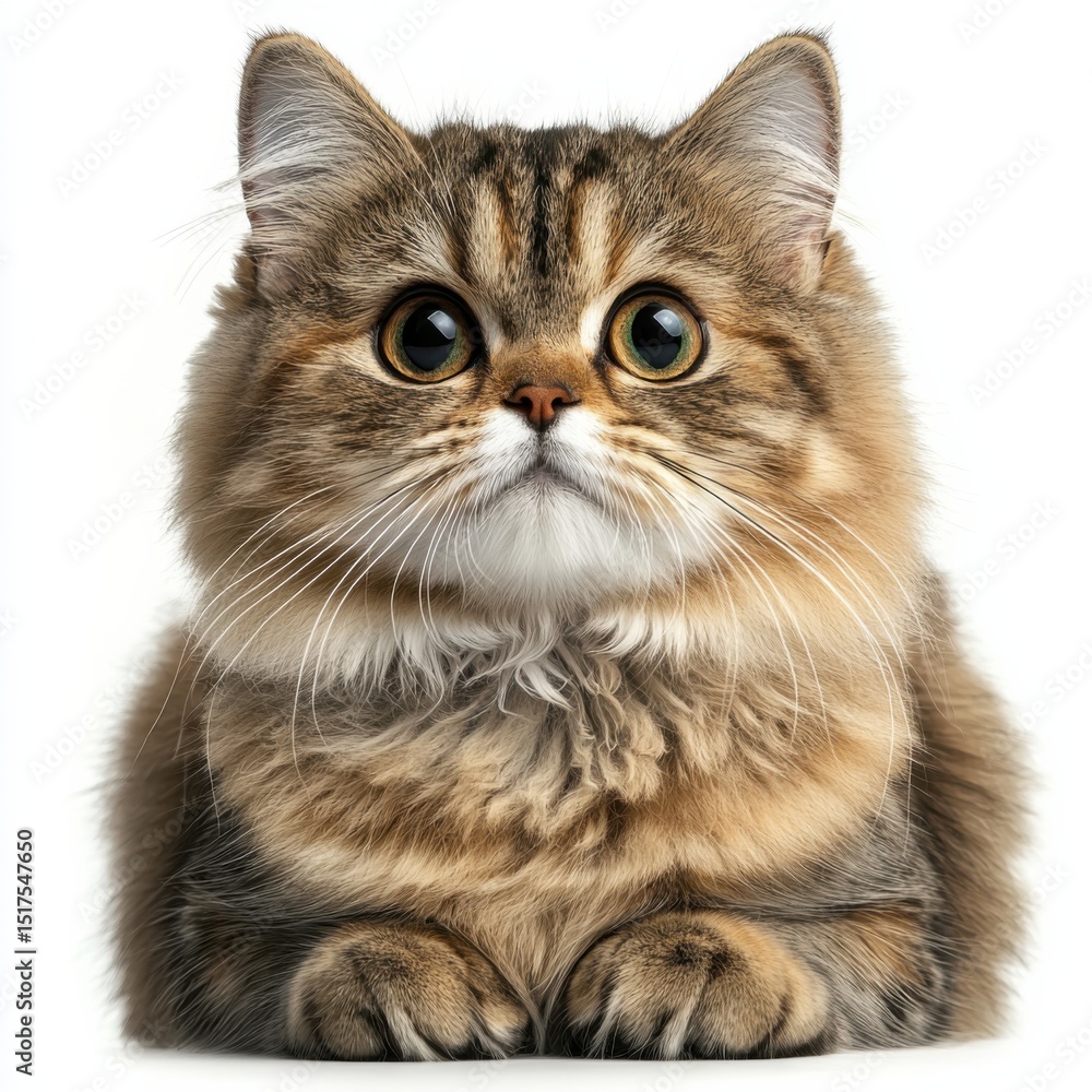 Fototapeta premium Cute fluffy brown tabby cat with big expressive eyes and detailed fur close-up portrait isolated on white background