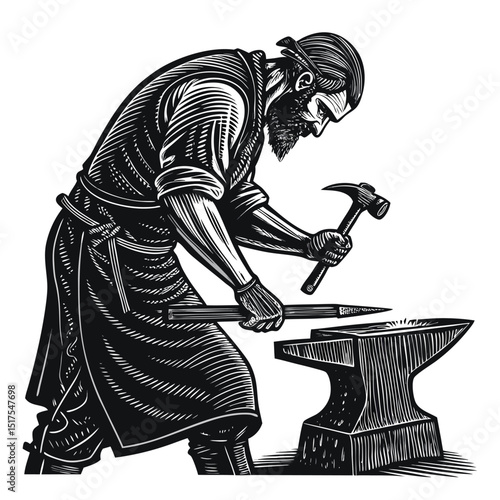 A solitary gothic blacksmith, cloaked in shadows, fiercely forges cursed blades within a dimly lit, isolated forge.  Intricate details crucial.