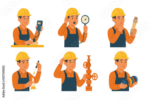 Petroleum engineer working with permeameter pipette pressure gauge wellhead equipment and pipeline PIG vector