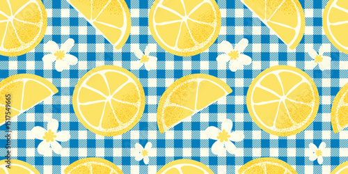 Seamless pattern of traditional Italian lemons with flowers on textured paper background. Perfect for Mediterranean design and summer branding. Vector illustration