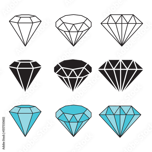 Diamond icon set. diamond gems  icon. Gemstone Diamond Vector Icon ,  outline, silhouette and flat style , stock vector .