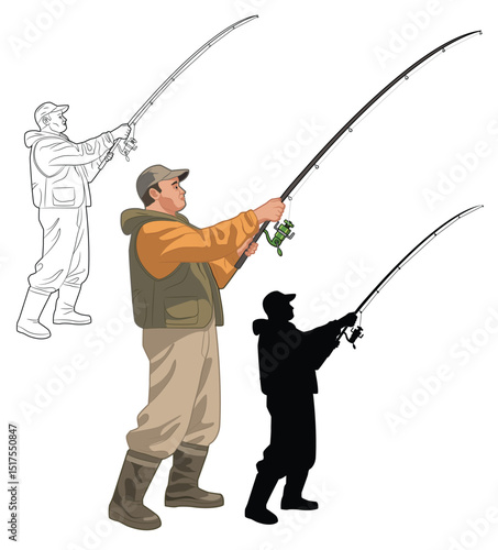 vector illustration of fisherman with fishing rod isolated on white background