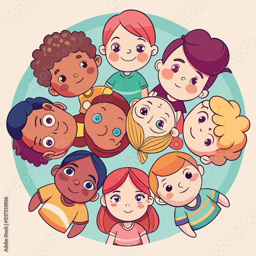 Happy cartoon family of four children with a baby smiling, having fun, and showing love friendship