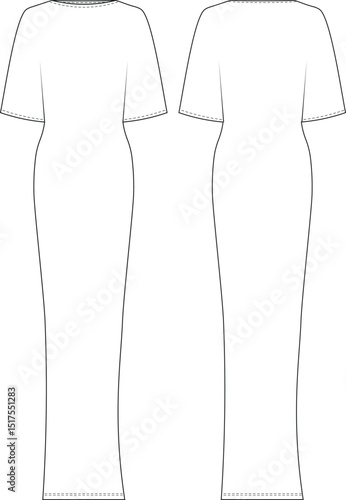 dolman batwing half short sleeve round neck boat neck long maxi bodycon loose dress template technical drawing flat sketch cad mockup fashion woman design style model 
