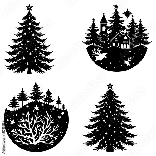 Four christmas themed images featuring christmas trees winter scenes and festive holiday elements in black and white