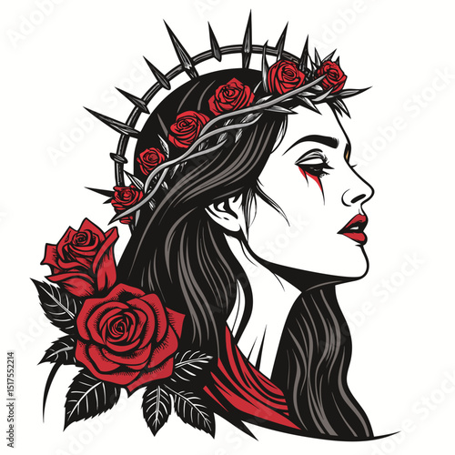 A regal gothic queen, adorned with a thorn crown and crimson blood roses, exuding dark elegance and power.  Intricate details.