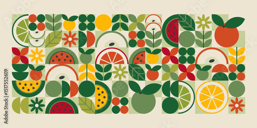 Green geometric fruit slices pattern with watermelon and lemon, lime, orange grapefruit. Colorful mosaic composition from circles, semicircles forms grid layout. Healthy food retro decorative vector
