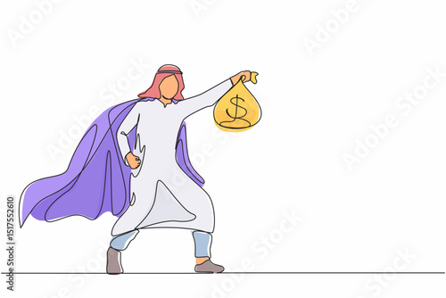 Continuous one line drawing superhero Arabian businessman present symbol of income. Happy employee superhero shows money bag metaphor of income, investment, profit grow. Single line draw design vector