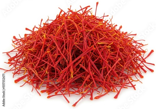 Pile of vibrant red saffron threads close up view