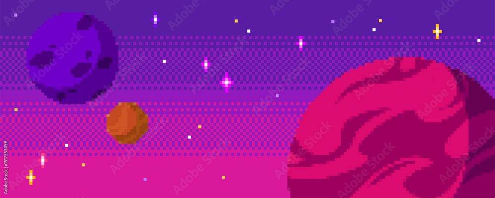 Fototapeta premium Pixel space background set - planets, stars and nebula clouds in vibrant colors. Retro 8 bit gaming sprites and pixelated cosmic elements. Minimalist aesthetic meshes for nostalgic galaxy game.