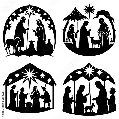 Silhouette nativity scenes depicting the birth of jesus with stars and various figures in black color