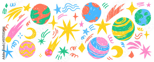 Colorful crayon doodle outer space sticker set - doodle stars and moons, planets and comets. Bright cute decorative sketchy cosmos elements. Celestial shapes, childish galaxy scribbles for kids design