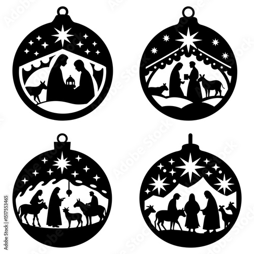Four christmas ornament designs showing nativity scenes with stars in a round black and white format