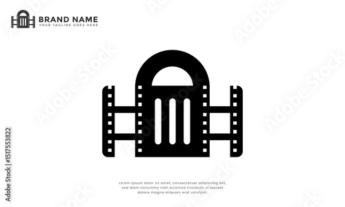 Suitcase Cinema logo. Modern logo combination film strip with suitcase, perfect for travel vlogs, production companies, tourism, or documentary filmmaking.