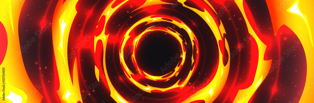 Obraz premium Abstract fire vortex background - swirling flames forming circular tunnel. Burning hot spiral, fiery twisting hole, blazing whirlpool. Dynamic motion effect of vivid red orange yellow colors on black.